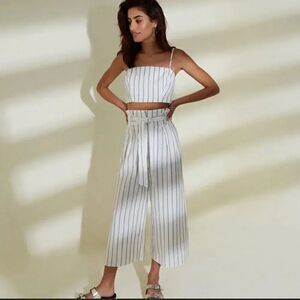 Urban Romantics White Striped Paperbag Waist Linen Wide Leg Cropped Trouser Pant